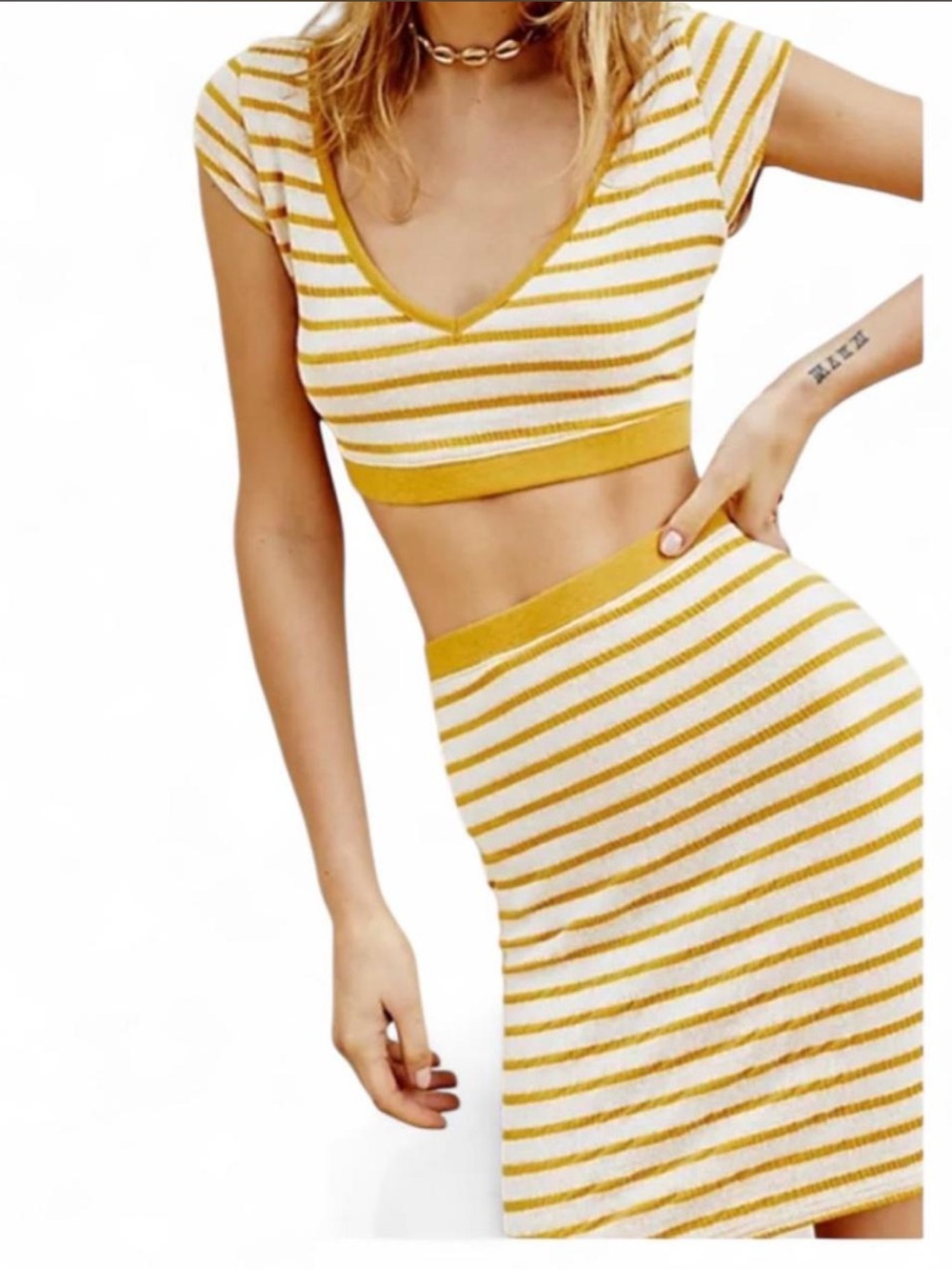 Free People Striped Yellow & White V-Neck Crop Top & Skirt SET